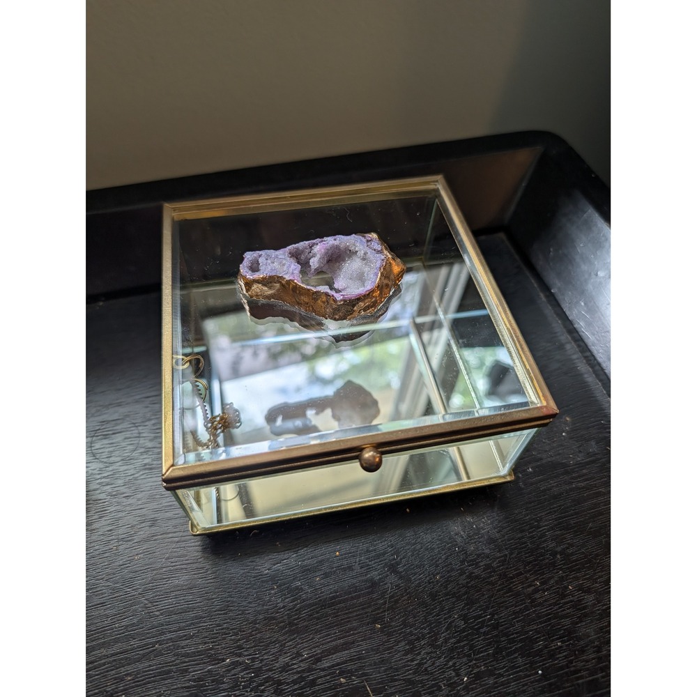 American Atelier Jewelry Trinket Box Keepsake Vanity Glass Brass Purple Geode